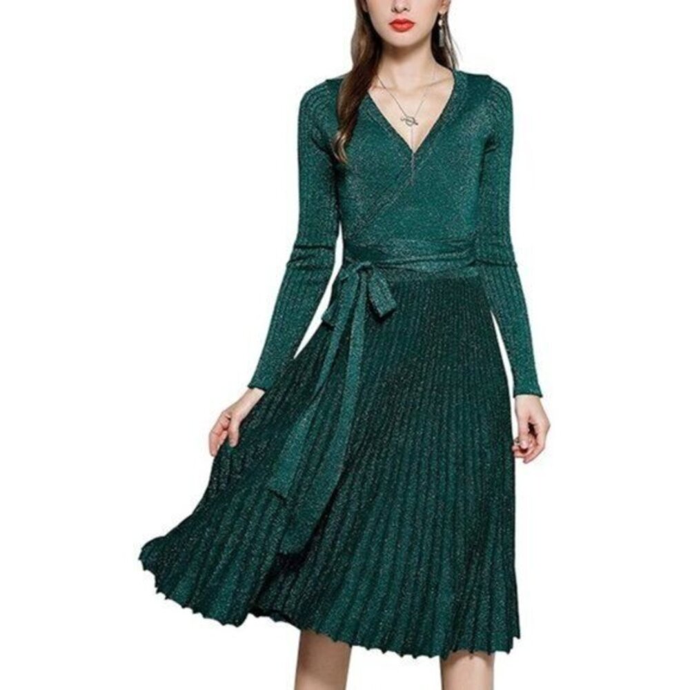 R.Vivimos Autumn Long Sleeve V Neck Knit Knee-Length Green Glitter Dress SZ S